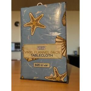 Vinyl Flannel Back Tablecloth 52"x90" Starfish Shells Nautical Dining Wipe Down